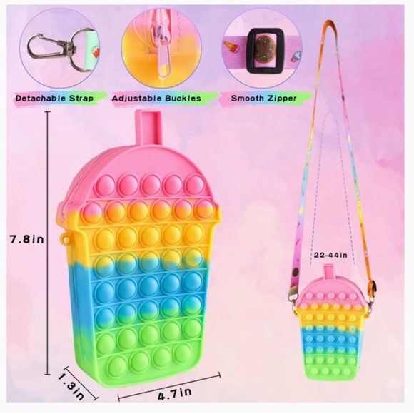 Trendy Rainbow Milkshake Bubble Boba Tea Pop It Crossbody Sensory Purse Bag - Picture 2 of 7